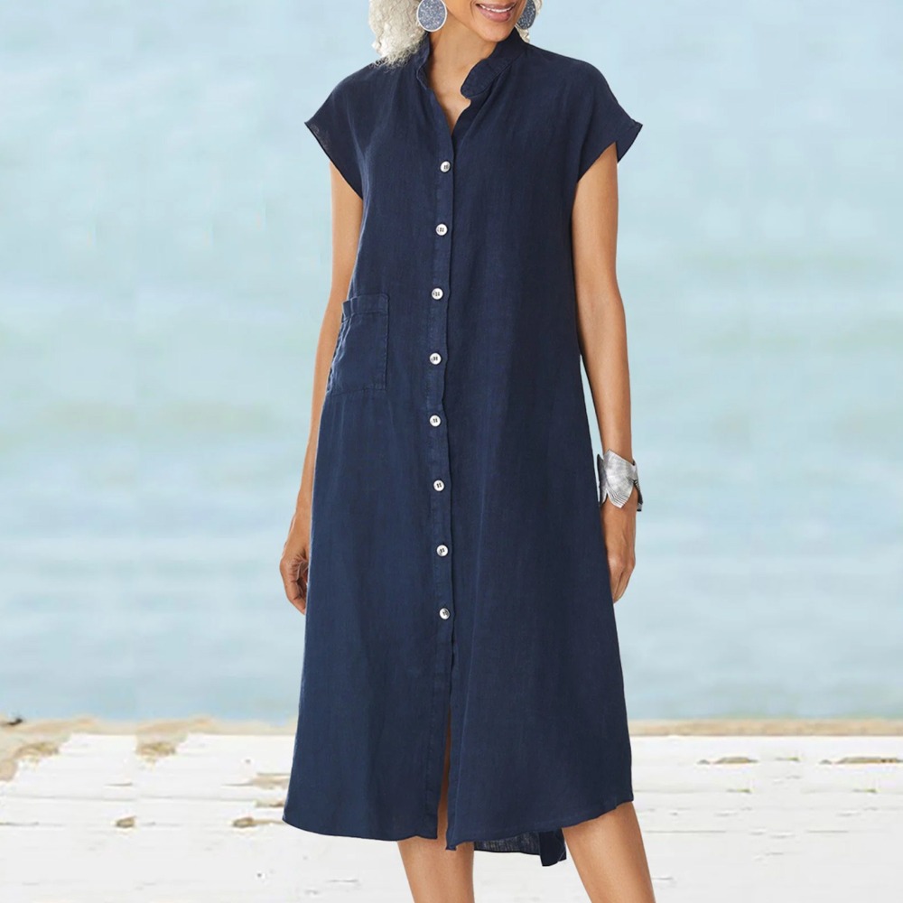 Casual Loose Linen Shirt Dress - Robe chemise décontractée noire pour femme