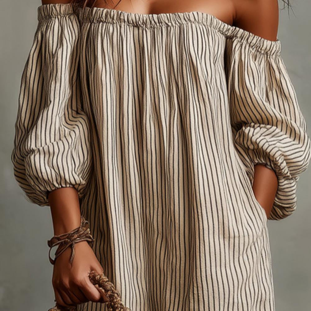Off Shoulder Puff Sleeve Sundress - Robe longue maxi rayée à épaules