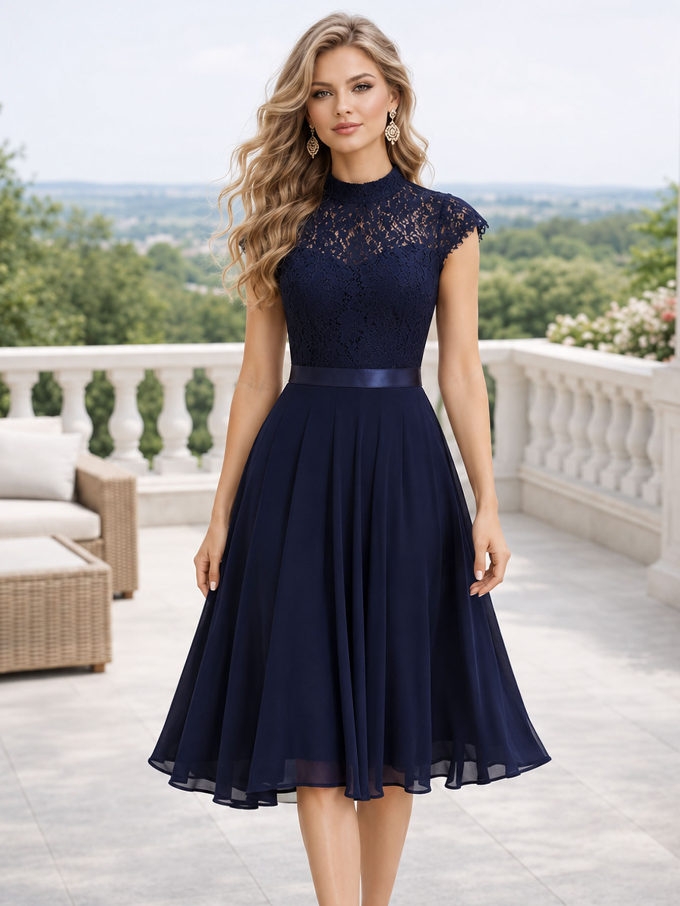 French Vintage Floral Midi Dress - Robe de soirée formelle pour femme,