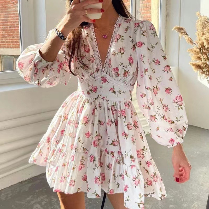 French Vintage Floral Midi Dress - Femmes imprimé fleuri Mini robe taille