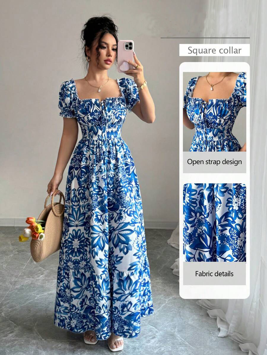 French Vintage Floral Midi Dress - Robe élégante bleue à imprimé floral