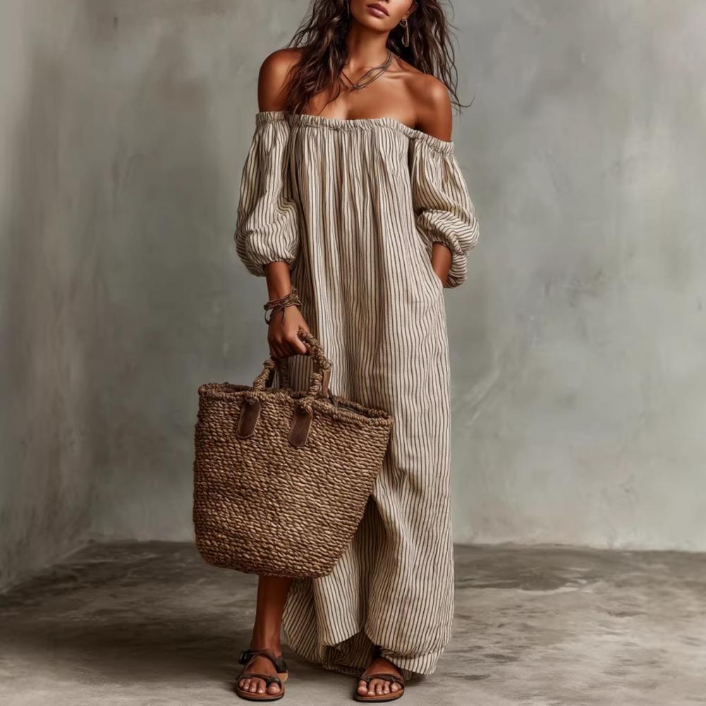 Robe longue maxi rayée à épaul - Off Shoulder Puff Sleeve Sundress avis et prix