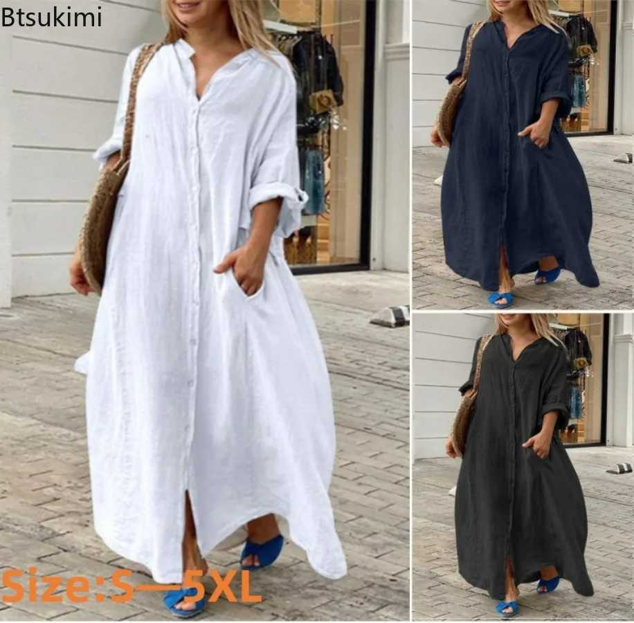 Robe longue décontractée en co - Casual Loose Linen Shirt Dress avis et prix