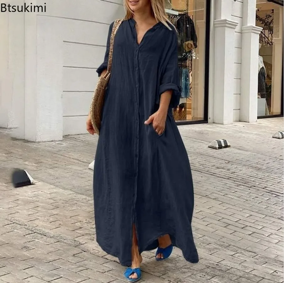 Robe longue décontractée en co - Casual Loose Linen Shirt Dress avis et prix