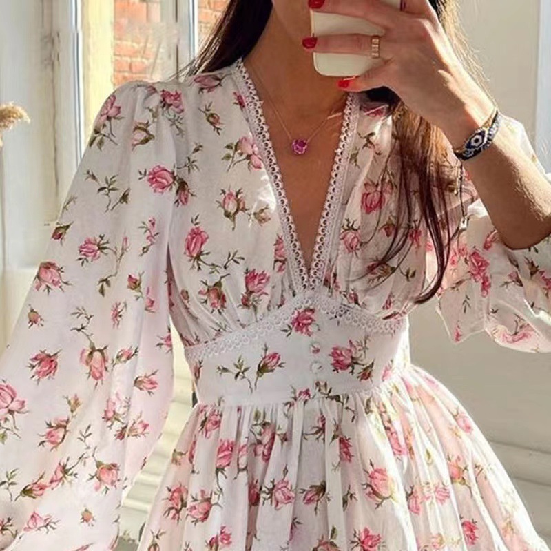 Femmes imprimé fleuri Mini rob - French Vintage Floral Midi Dress avis et prix