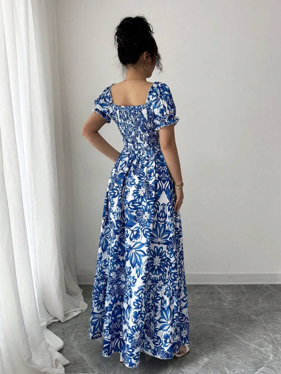 Robe élégante bleue à imprimé  - French Vintage Floral Midi Dress avis et prix