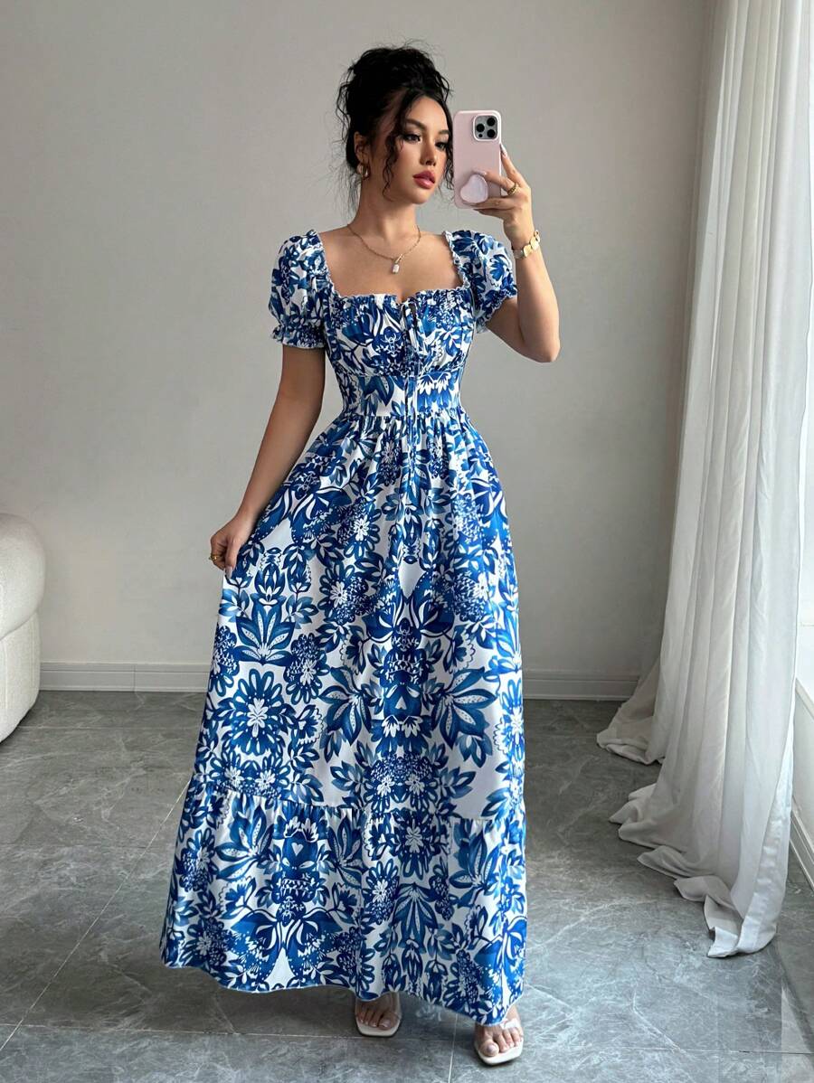 Robe élégante bleue à imprimé  - French Vintage Floral Midi Dress avis et prix
