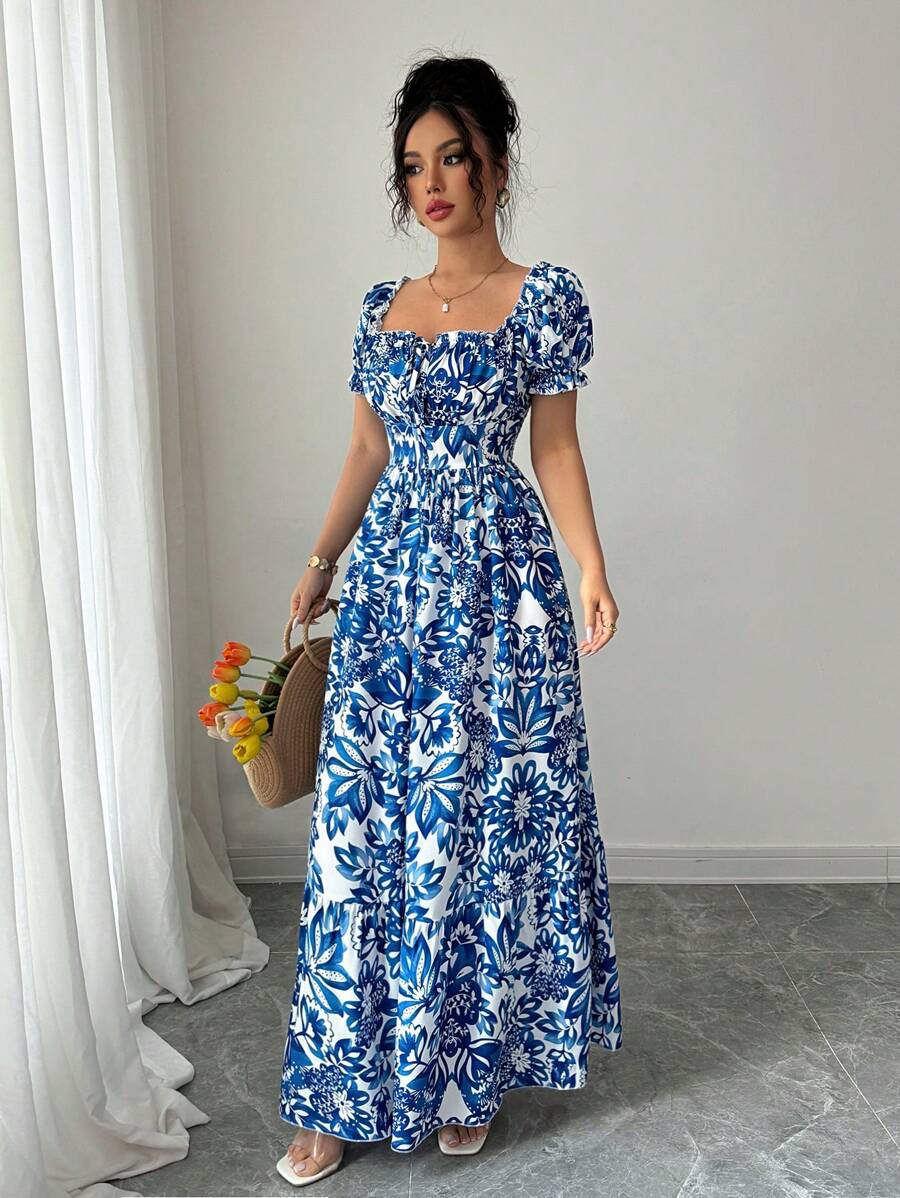 Robe élégante bleue à imprimé  - French Vintage Floral Midi Dress avis et prix