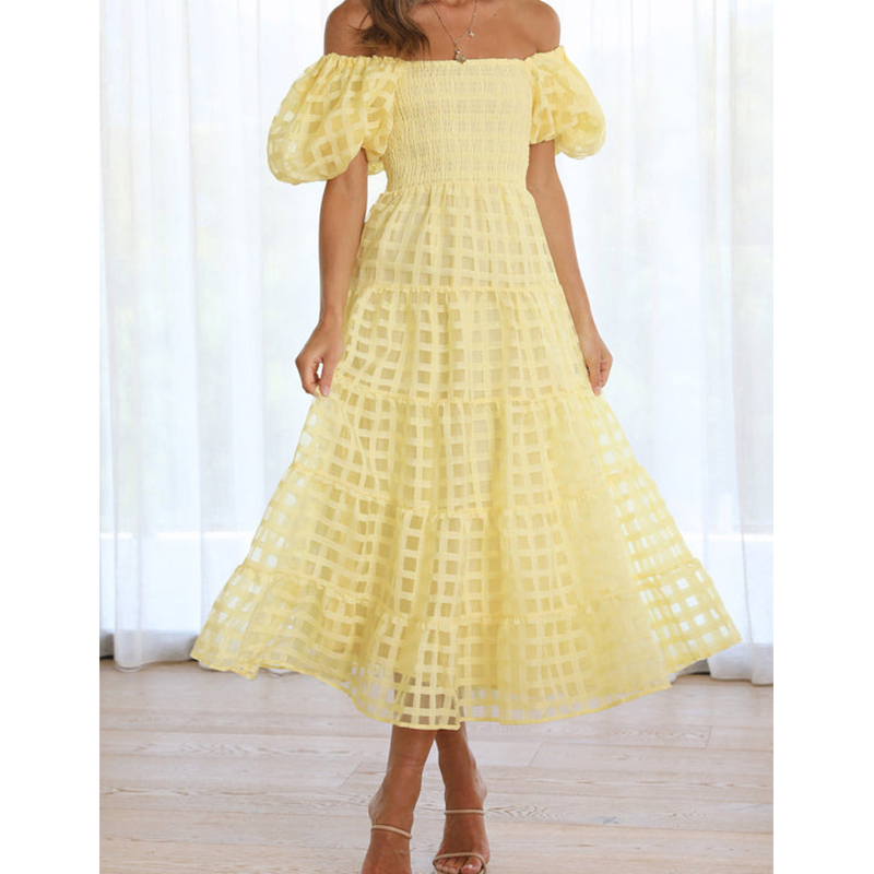 Robe longue d'été élégante pou - Off Shoulder Puff Sleeve Sundress avis et prix
